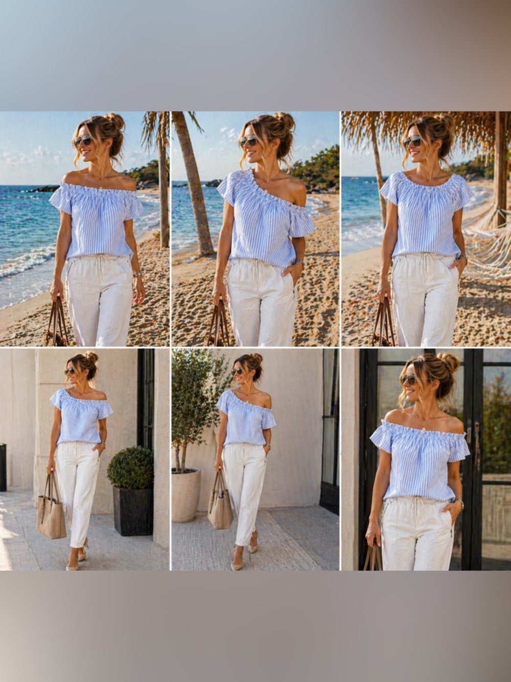 H&M blue and white striped top with versatile elastic neckline size 2.